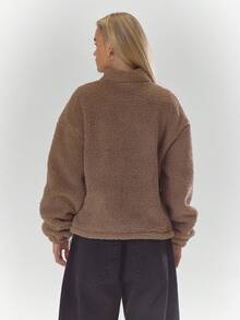 MUSERA High Neck Embroidered Elasticated Toggle Detail Fleece Jacket Cosy Cute Casual Coffee Club Winter - Camel - View 2