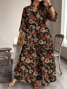 EMERY ROSE 大码复古枫叶印花休闲优雅连衣裙，适合秋冬季 - 彩色 - 查看 1