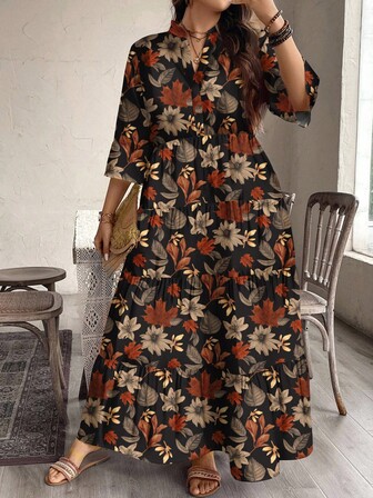 EMERY ROSE Vestido casual y elegante de talla grande con estampado de hojas de arce vintage, adecuado para otoño/invierno