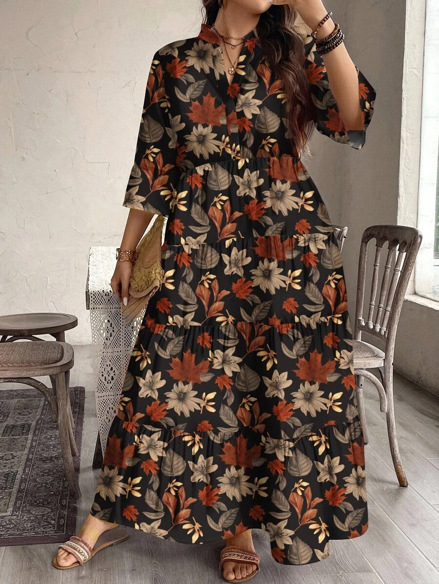 EMERY ROSE 大码复古枫叶印花休闲优雅连衣裙，适合秋冬季 - 彩色 - 查看 1