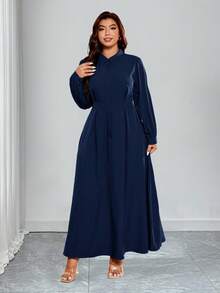 Rometta Plus Size Elegant Solid Color Lantern Sleeve Dress, Suitable For Commuting - Navy Blue - View 5