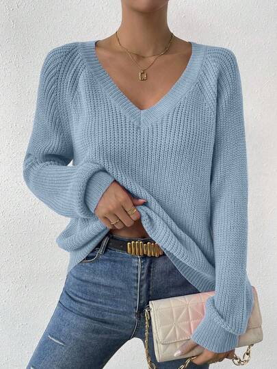 EMERY ROSE Suéter casual de mujer de unicolor con cuello en V y mangas raglán, otoño/invierno