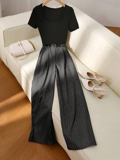 Franclia 2件套女士纯色短袖上衣和阔腿裤套装