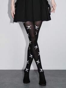 ROMWE Grunge Punk 1 Pair Dark Gothic Skull Print Tights/Pantyhose - Black - View 2