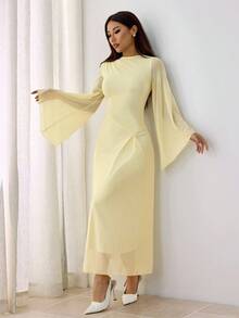 SHEIN PETITE Robe élégante à col asymétrique drapé, ourlet asymétrique, manches évasées, version premium améliorée, couleur jaune bouton d'or - Jaune citron - Voir 3