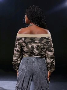 BamGleam 女士迷彩印花露肩长袖运动衫