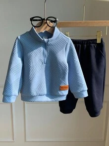 SHEIN 2 件套男婴柔软针织领长袖套头衫和松紧腰裤套装 - 藍色 - 查看 3