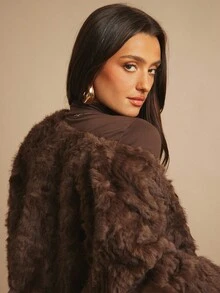 Silquee Women's Solid Color Long Sleeve Long Fluffy Brown Fur Jacket, Loose Fashion Design Clothing Thanksgiving Women's Fur Coat Autumn Women's Clothing Christmas Women's Clothing Homecoming Comfortable Soft Warm Suitable For Parties And Dates With Belt Tie - Brown - View 8