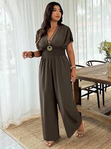 SHEIN PETITE CURVE 大码女式休闲纯色腰部收紧短袖连体裤 - 棕色 - 查看 5