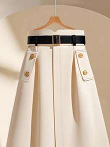 GlowEve Women's Elegant Spring/Autumn Color Block Apricot Decorative Pocket A-Line Metal Button Simple Solid Color Waist Belt Skirt Fall Cloth For Women - Apricot - View 3