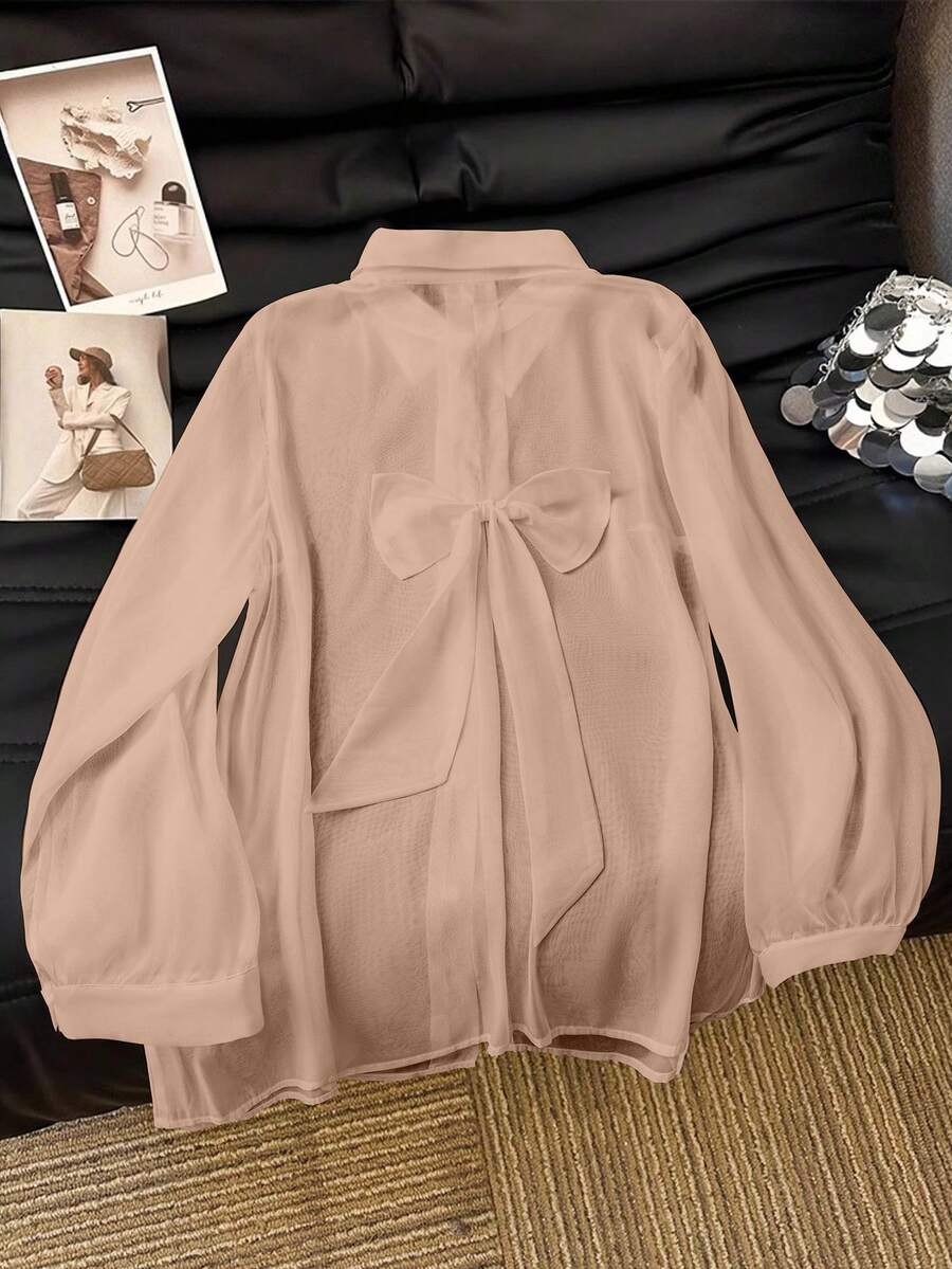 SHEIN Clasi 休闲白色透明蝴蝶结衬衫 - 香檳色 - 查看 1