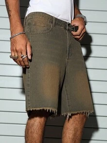PAVTROS Men's Solid Color Frayed Edge Pocket Loose Casual Denim Shorts - Blue - View 8