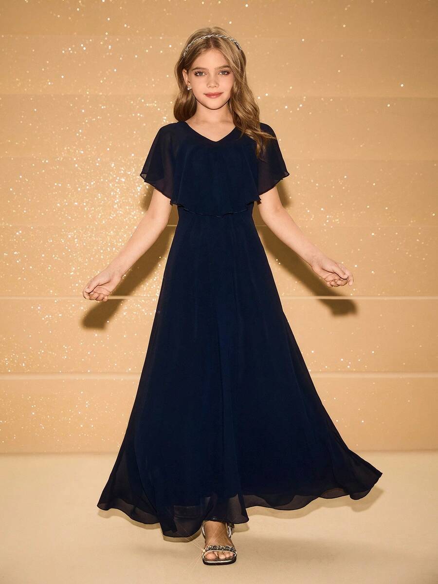 Girls' Chiffon Sleeveless Ruffle Hem Dress, Suitable For Flower Girl, Wedding, Prom, Birthday Party, Christmas, Halloween, Back To School, Graduation Fall Winter - Blue - View 1