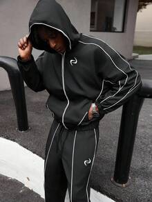Manfinity Roghcode 男士休闲刺绣拉链连帽衫和裤子套装黑色两件套男士运动服男士慢跑套装慢跑服 Y2k 运动服男士万圣节派对，2000 年代风格，秋季服装 - 黑色 - 查看 5