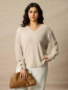 Juhart Spring/Autumn V-Neck Ribbed Patchwork Sleeve Hollow Lace Trim Plus Size Women T-Shirt