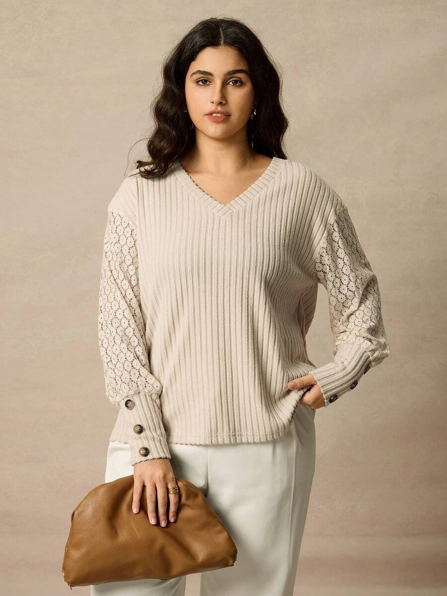 Juhart Spring/Autumn V-Neck Ribbed Patchwork Sleeve Hollow Lace Trim Plus Size Women T-Shirt