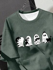 SHEIN CURVE+ T-shirt à manches courtes col rond avec imprimé fantôme et chat noir, grande taille. Design minimaliste casual, convient pour l'été, Halloween, automne et hiver