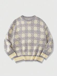 ROMWE MEN Casual Áo len họa tiết kẻ caro thu đông cho nam - Màu vàng - Xem 1