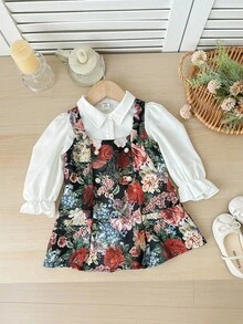 SHEIN 2-Pack Baby Girl Elegant Khaki Long-Sleeved Shirt Floral Pattern Dress Set,Cute Autumn Party Outfit,Black And White,Ideal For Wedding,Birthday,School - Multicolor - View 5