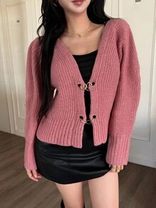 Feyla Cardigan feminino confortável com botões de metal e corrente, outono e inverno - Rosa - Ver 4