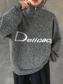 FRIFUL Women's Half-Zip Polo Collar Letter Print Contrast Color Loose Thick Fleece Sweater - Grey - View 6