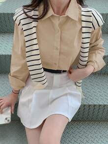 DAZY 女士休闲宽松纯色长袖衬衫，春秋装，秋季女装 - 卡其色 - 查看 7