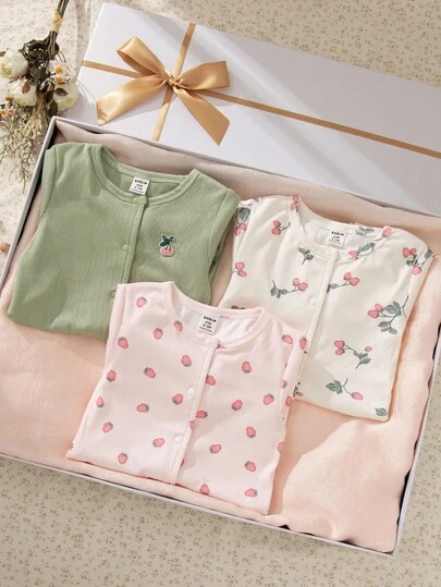 Souflis Souflis 2025秋冬法式复古3件套：米色全印花连体裤、纯绿色连体裤、粉色全印花连体裤-适合居家、外出、各种场合 女婴草莓宝宝衣服 女婴连体裤