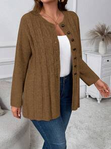 Plus Size Women Cable Pattern Long Sleeve Casual Knit Cardigan, Autumn/Winter - Camel - View 5