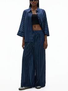 Aveloria Affinna 2pcs/Set Striped 3/4 Sleeve Loose Pants Commuting Elegant Women Outfit - Multicolor - View 5