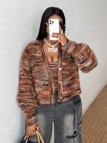 Maweii Plus Size Women Elegant Multicolor Knitted Heart Metal Button Cardigan With Furry Strap, Fashionable Two Pieces Outerwear Top Fall Cloth For Women - Multicolor - View 3