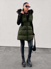 EURMUSE Padded Vest With Furry Hood And Adjustable Waist, Two Side Pockets, Thick And Fashionable Puffer Jacket, Quilting Details - Dark Green - View 3