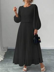 Elenzga Váy dài tay xếp ly màu đen cỡ lớn, Thu/Đông - màu đen - Xem 2
