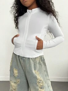 Girls' Fitted Cropped White Jacket, Casual Fall Winter - White - View 6