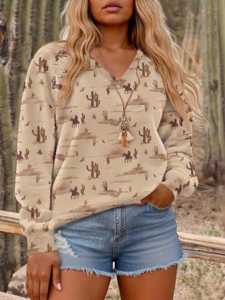 EMERY ROSE Western Desert Wind, Khaki Cactus & Western Cowboy Print V-Neck Women's Sweatshirt Ultra-Oversized Casual Top, Perfect For Fall/Winter Women's Gift, Holiday Sweatshirt Fashion T-Shirt, Stylish Sweatshirt Sibling Gift, Sister Gift Fun Sweatshirt, Casual Minimalist Fashion Sweatshirt - Khaki - View 1