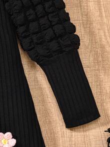 SHEIN 青少年女孩优雅 3D 花卉装饰泡泡袖黑色连衣裙，适合秋冬、度假、夏季、旅行