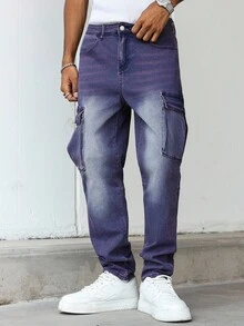 Manfinity Homme 男士直筒宽松休闲工装牛仔裤 - 紫色 - 查看 3