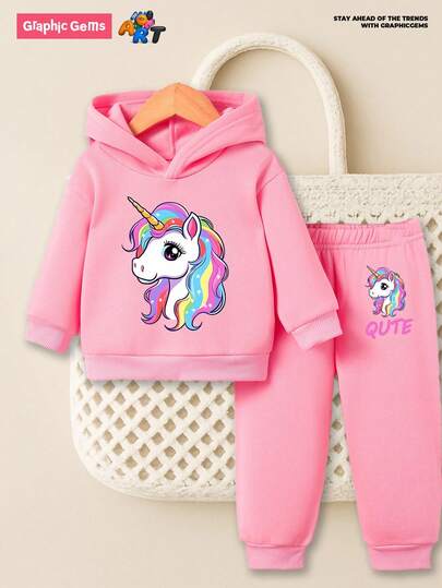 GraphicGems 2st/set Baby Girl Mode Unicorn & Letter Print Casual Termofodrad hoodie Sweatshirt och byxor set, höst/vinter