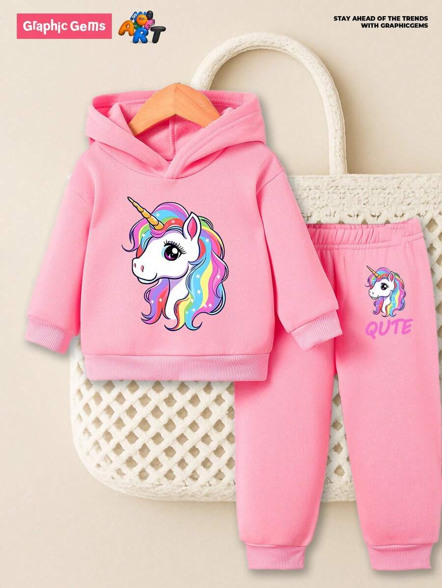 GraphicGems 2 件套女婴时尚独角兽和字母印花休闲保暖连帽衫和裤子套装，秋冬 - 粉色 - 查看 1
