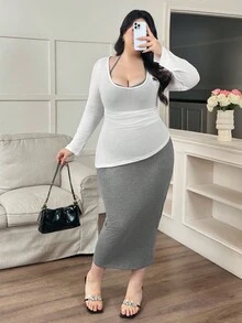 Modelyn Plus Size Women Knight Print Long Sleeve Pleated Top And Halter Bodycon Dress Casual 2 Pieces Set - White - View 5