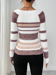 EMERY ROSE Women's Striped Square Neck Raglan Sleeve Fitted Pullover Sweater, Autumn - Multicolor - View 2