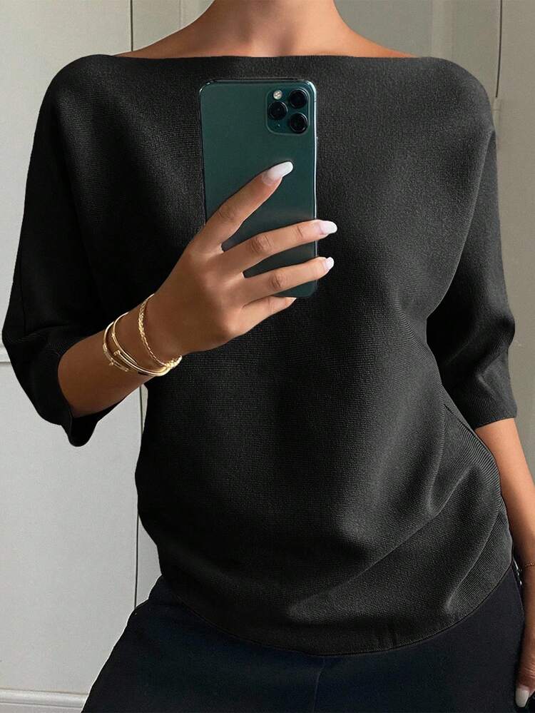 Women's Solid Color Fitted Boat Neck Half Sleeve Casual Elegant Knit Top, Autumn/Winter