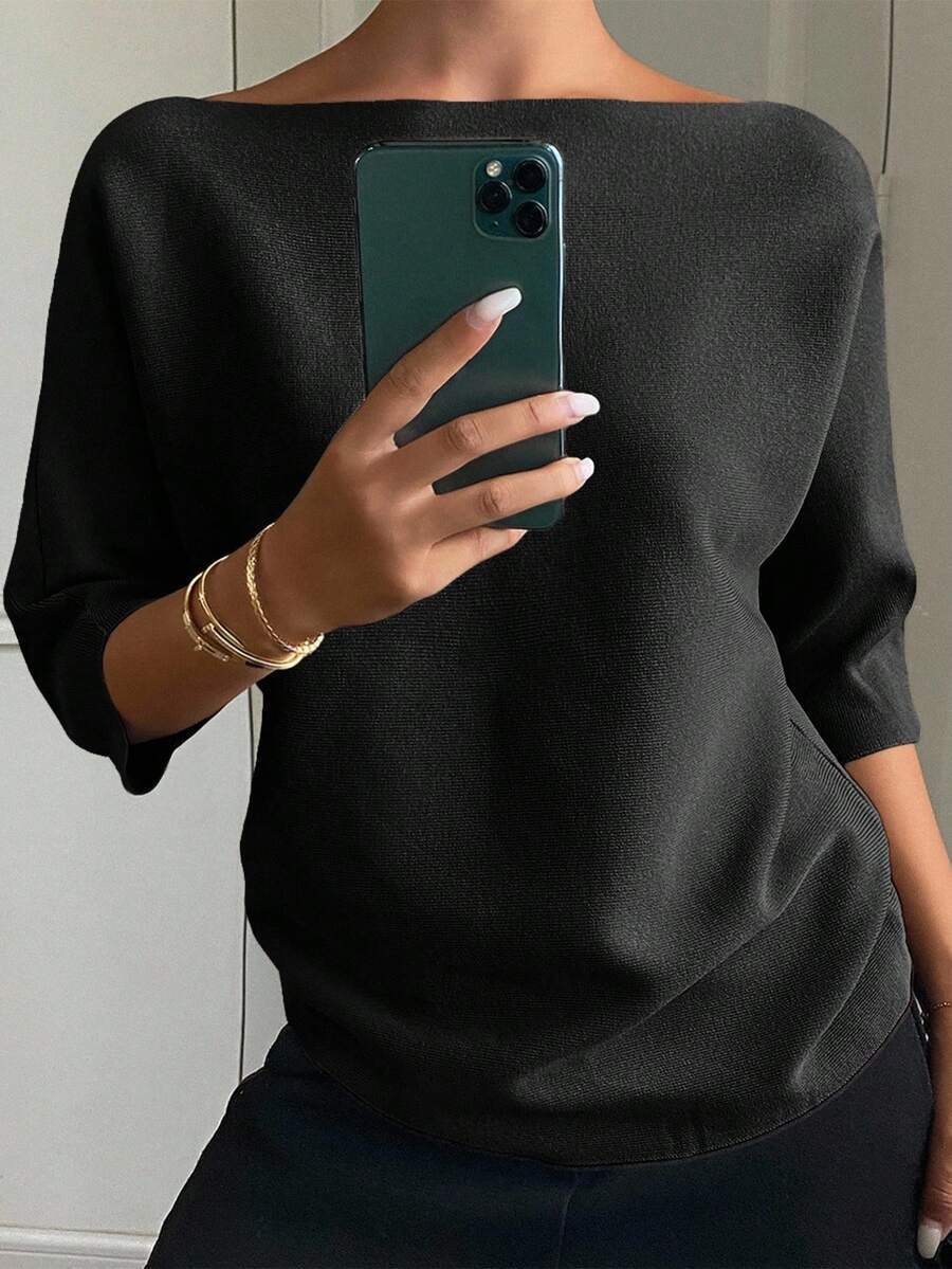 DAZY Women's Solid Color Fitted Boat Neck 3/4 Sleeve Casual Elegant Knit Top, Autumn/Winter - Black - View 1