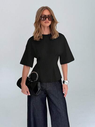 AiiRZ Elegant peplum-t-shirt i bomull med kimonoärmar, modern, skräddarsydd midja, armbågslånga, utsvängda ärmar, professionella arbetskläder