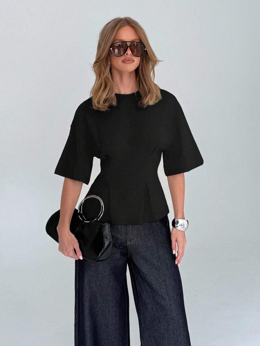 AiiRZ 棉质优雅荷叶边 T 恤，配有和服袖，现代办公室剪裁腰部及肘长飘袖专业工作服 - 黑色 - 查看 1