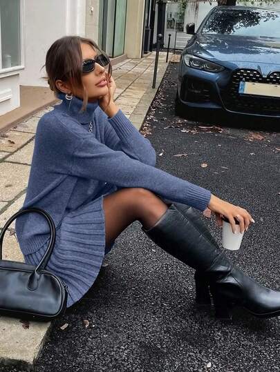 SHEIN Clasi Women's Solid Color Turtleneck Long Sleeve Sweater Top And Mini Skirt 2 Pieces Set