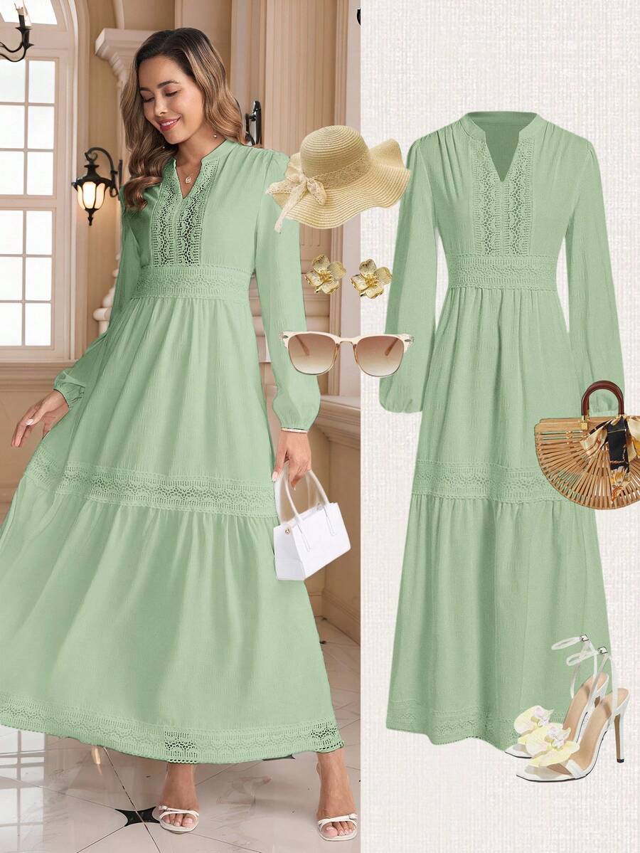 Ellevyn Women's Woven Jacquard Texture Spring Style Deep V-Neck Solid Color Ruffle Hem Lace Trim Summer Dress - Mint Green - View 1