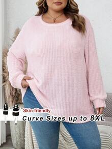 SHEIN CURVE+ 大码户外上衣，大码休闲圆领落肩宽松长袖T恤，秋季大码服装 - 粉色 - 查看 10