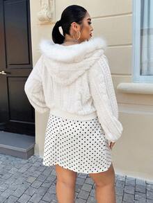 SHEIN EZwear Jachetă de toamnă și iarnă pentru femei, plus mărime, cu glugă, tricotată, caldă, cu fermoar, casual - alb - Vizualizare 2