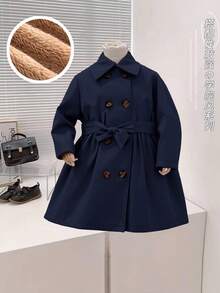 SHEIN Áo khoác blazer dáng dài vừa phải lót nhiệt màu trơn dễ thương cho bé gái, mùa thu/đông - Màu xanh hải quân - Xem 6
