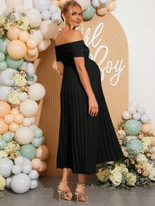 Loomaby Gaun Hamil Elegan, Minimalis Warna Polos dengan Detail Kerut dan Bahu Terbuka, Musim Panas - Hitam - View 2